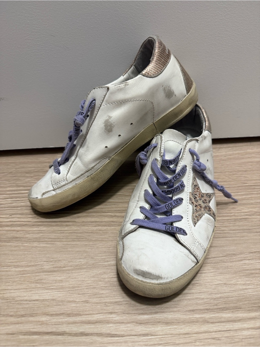 Golden Goose White Leather Sneakers with Lavender Laces